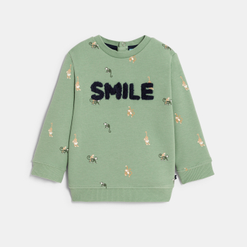 سويت شيرت ميلتون مزين برسالة ورسمة قرد باللون الأخضر للأولاد الصغار